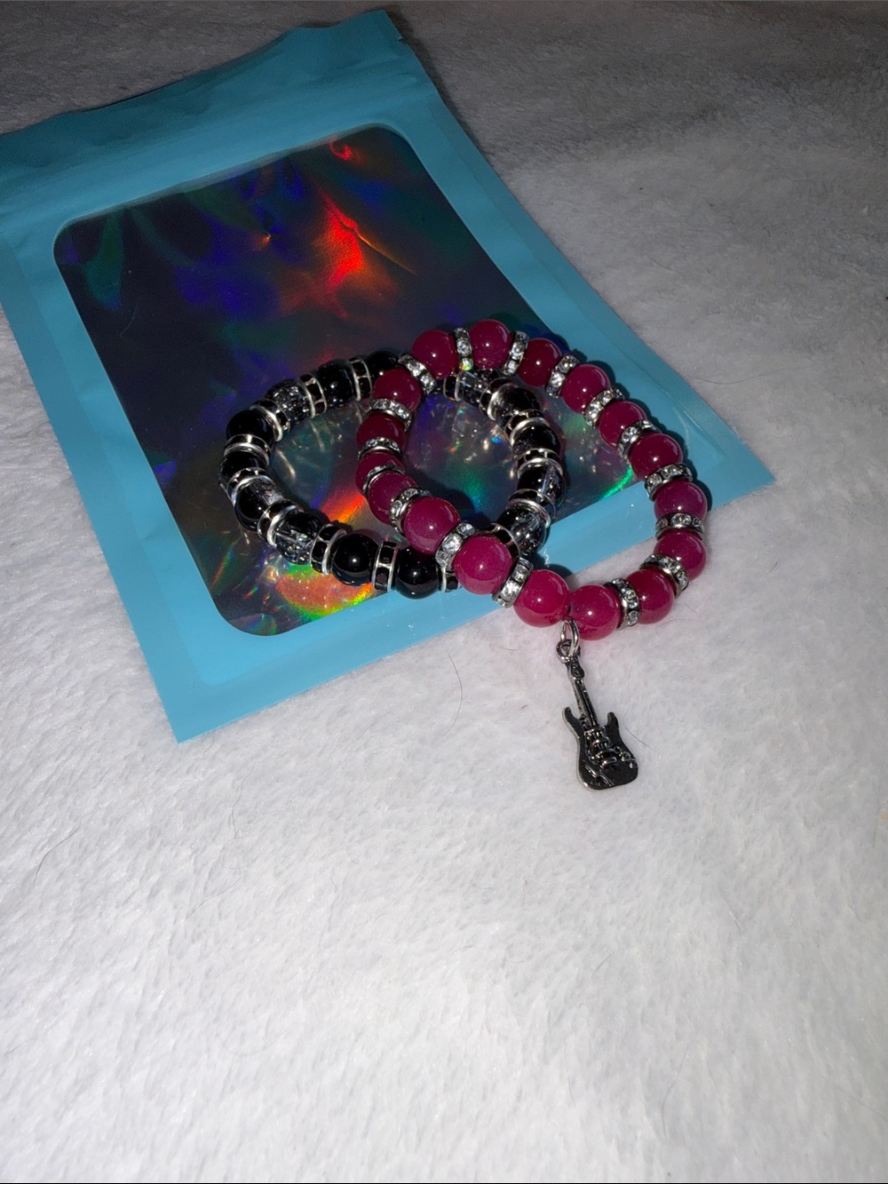 Beaded Guitar Charm Bracelet Set - Pink & Black